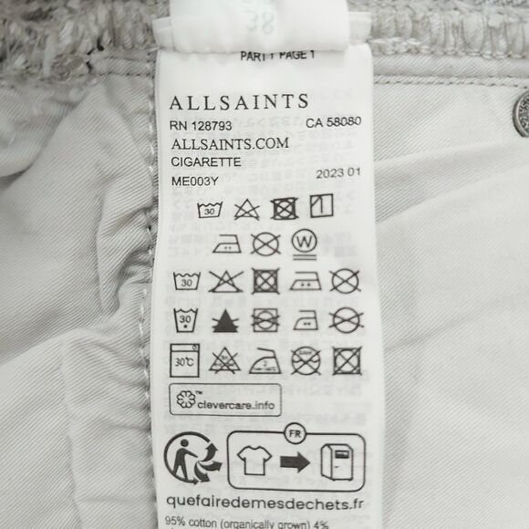 All Saints Cigarette Skinny Jeans Mens 38x29 Gray Cotton Blend Button Fly Denim - Picture 9 of 14